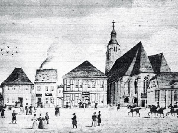 Rathaus und Umgebung im Jahr 1837; Quelle: Stadtverwaltung Beelitz (Hrsg.): „Beelitz in der Mark Stadtrundgang“ S. 11